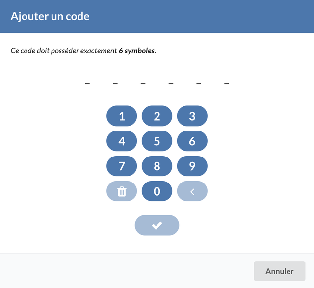 Modale de saisie d'un code.