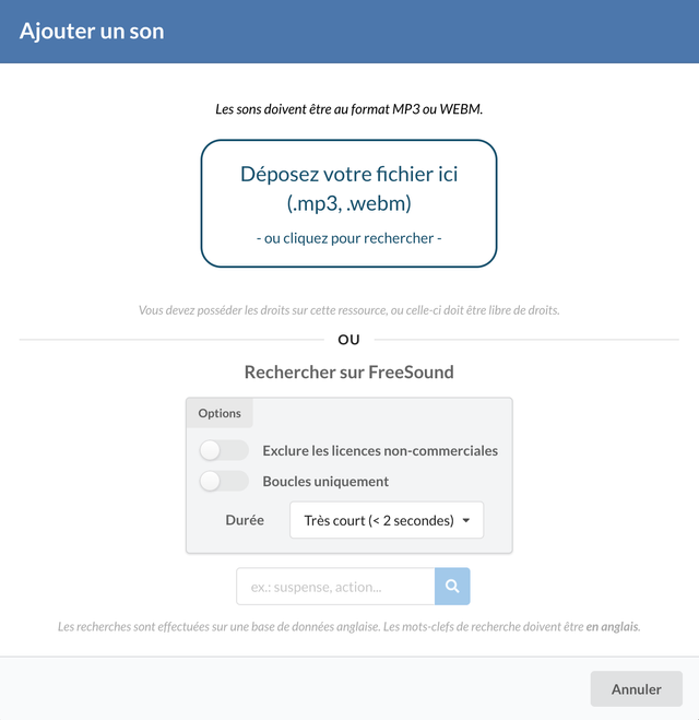 Popup d'ajout d'un son.