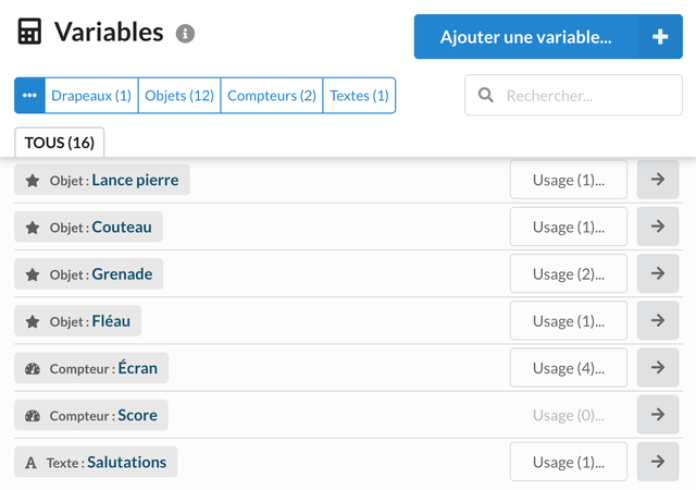 Liste ,[object Object], des variables.